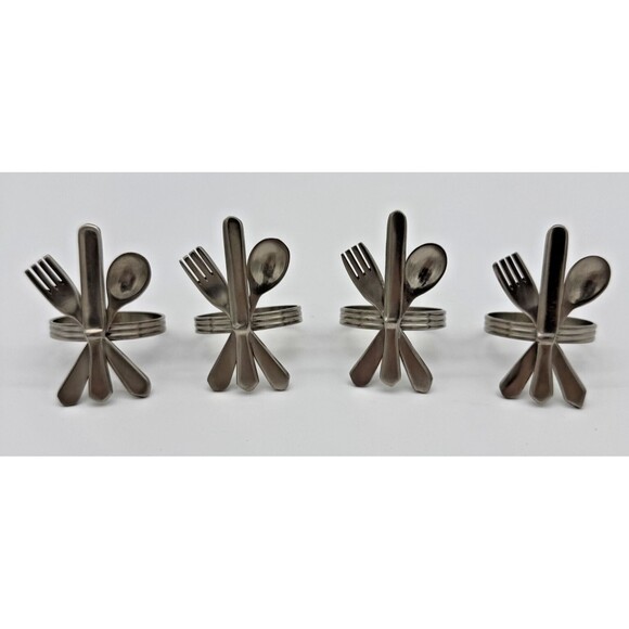 Unbranded Other - VINTAGE SET OF 4 SILVER TONE NAPKIN RINGS FORK SPOON‎ & KNIFE METAL RUSTIC ART